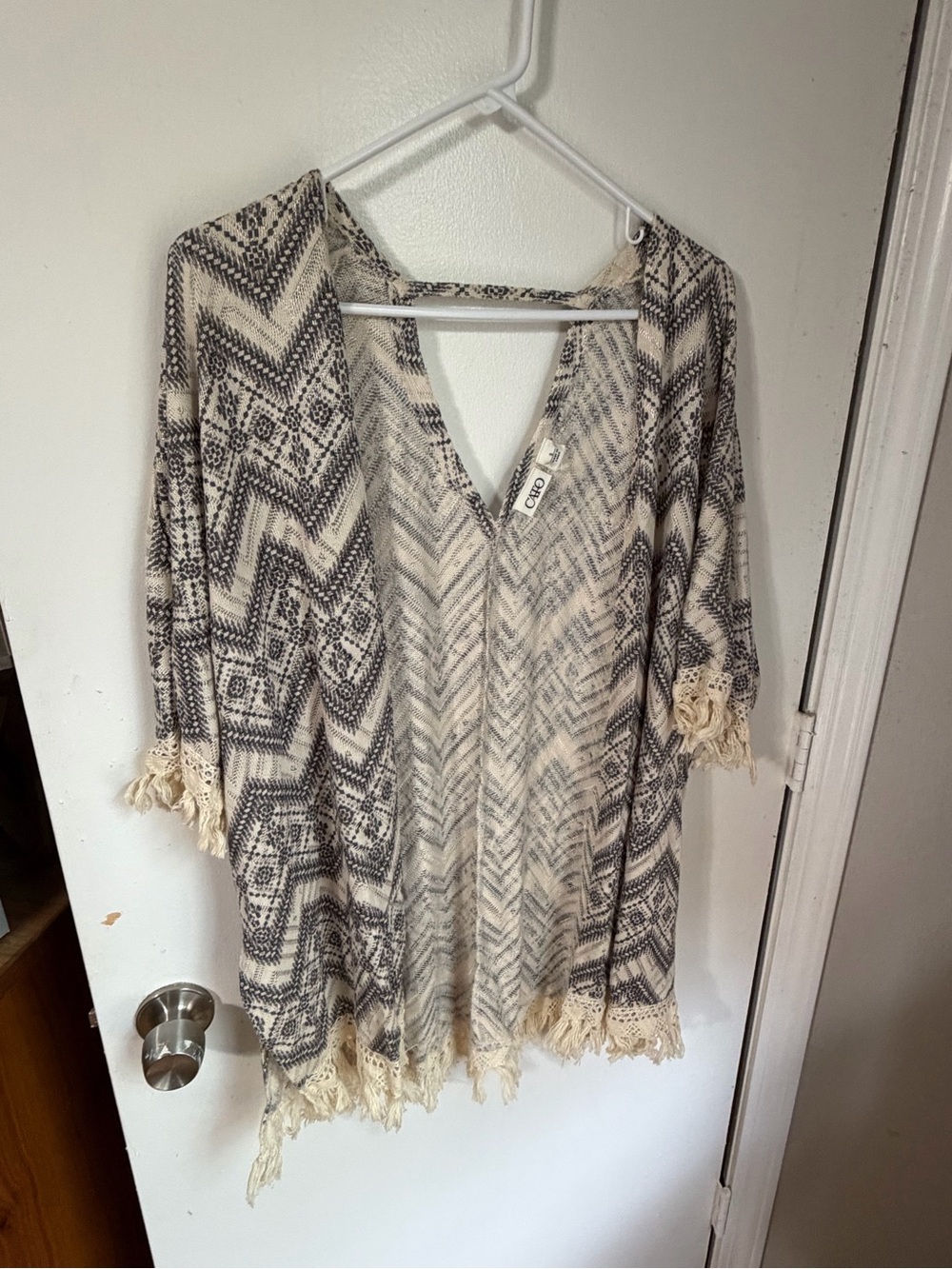 Cato Boho Fringe Cardigan Small Grey White Metallic